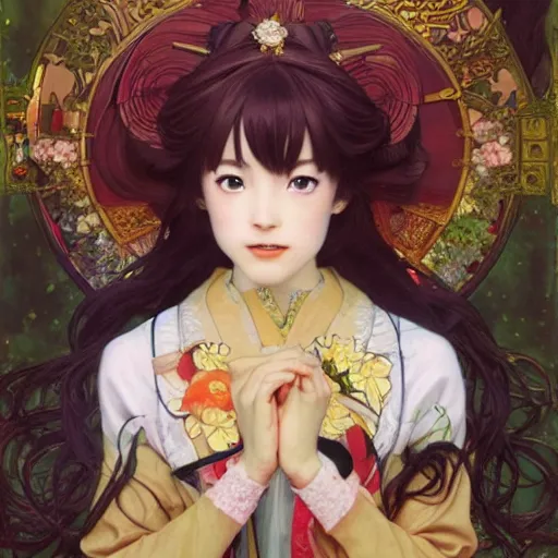 Prompt: Masterpiece portrait of a very young Sakura Kinomoto from Card Captor Sakura drawn by Donato Giancola and Tom Bagshaw, face by Artgerm and Edmund Leighton, Alphonse Mucha, background by James Jean and Gustav Klimt, 4k, french nouveau, trending on pixiv, octane render, hyperrealistic