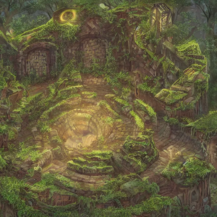 Image similar to ancient overgrown ruins, medieval gates, runestones, nostlagia, mysetrious etherial mesmerizing runic cat eyes, magical elven geometry, floating islands, high detail