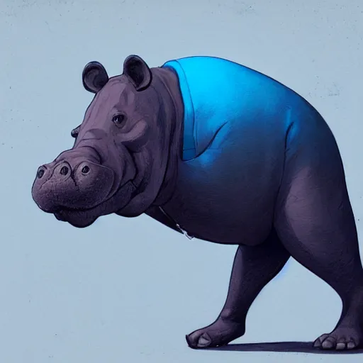 Image similar to a award winning commission portrait of a fit anthro hippo wearing a blue tracksuit,digital art,art by greg rutkowski,character design by charles bowater,detailed face,hyperdetailed,photorealistic,artstation,deviantart,4k,western comic art,sharp,high definition