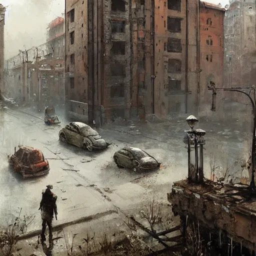 Image similar to painting by jakub rozalski of abandoned post soviet steampunk city