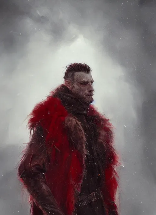 Prompt: portrait of a medieval man in a torn red fur coat, highly detailed, fantasy, godrays, cinematic lighting, close up, volumetric, realistic, digital art by greg rutkowski