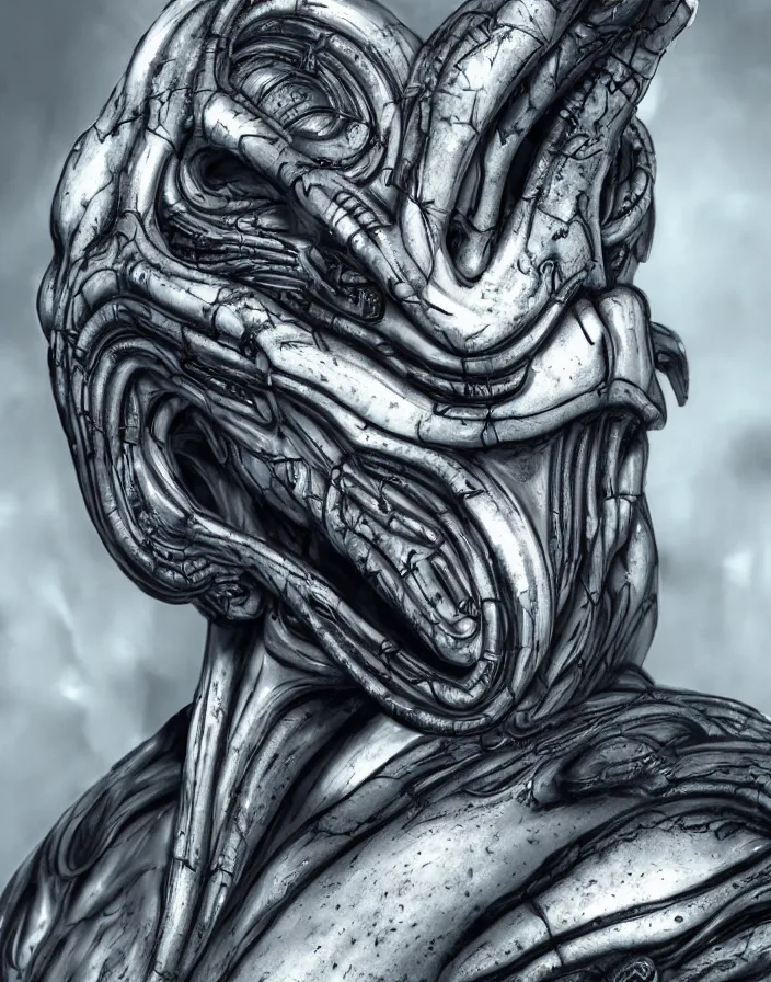 Image similar to engineer prometheus face, xenomorph alien face, highly detailed, symmetrical long head face, smooth marble surfaces, detailed ink illustration, raiden metal gear, cinematic smooth stone, deep aesthetic, concept art, post process, 4k, carved marble texture and silk cloth, latex skin, highly ornate intricate details, prometheus, evil, moody lighting, hr geiger, hayao miyazaki, indsutrial Steampunk