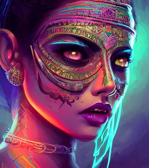 Image similar to beautiful intricate exquisite aztec princess realistic face, beautiful eyes, neon colors, drawing, in the style of greg rutkowski, fantasy, amazing detail, epic, intricate, elegant, smooth, sharp focus