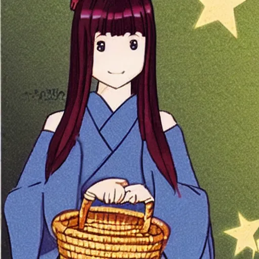 Prompt: A cute girl holding a basket full of stars, Japanese cartoon style