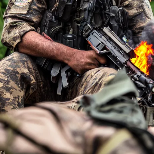 Image similar to close up CSAT Viper Special Forces fighting devastated burning exploding jungle combat photography 2022, Canon EOS R3, f/1.4, ISO 200, 1/160s, 8K, RAW, unedited, in-frame,