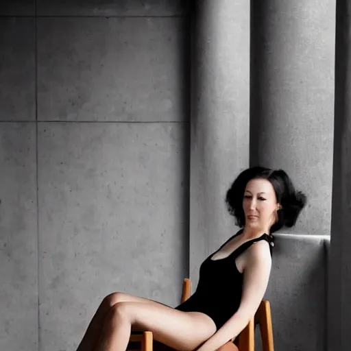 Image similar to beautiful woman sitting on how about midcentury modern wooden chair in the style of mies van der rough high end photoshoot