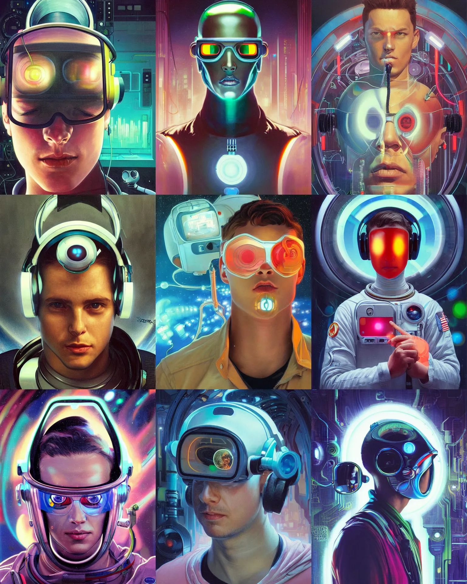 Prompt: future coder man looking on, sleek cyclops display over eyes and sleek bright headphoneset, neon accent lights, desaturated headshot portrait painting by donoto giancola, dean cornwall, alex grey, rhads, alphonse mucha, john berkey, tom whalen, astronaut cyberpunk electric fashion photography