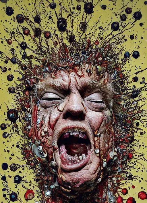 Prompt: donald trump's disgusting true form bursting from within, gross, slimy, sleazy, pustules, high details, intricate details, by jackson pollock