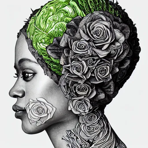 Image similar to the anatomy of a head of lettuce with roses that resemble a beautiful young african woman looking up, an ultrafine detailed illustration by james jean, intricate linework, bright colors, final fantasy, behance contest winner, vanitas, angular, altermodern, unreal engine 5 highly rendered, global illumination, radiant light, detailed and intricate environment