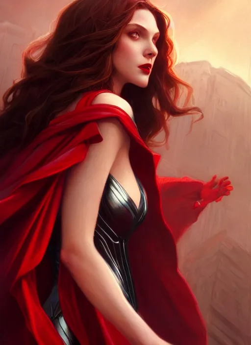 Prompt: Scarlet Witch as Lucifer morningstar, slight smile, highly detailed, digital painting, artstation, concept art, sharp focus, illustration, art by wlop and J. C. Leyendecker and Edmund Bliar Leighton and Charlie Bowater