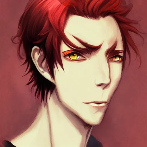 Prompt: headshot portrait of male anime character extremely sharp jaws slit yellow eyes medium length red hair inspired by tom hiddleston senyum palsu karakter anime by anato finnstark, tom bagshaw, brom