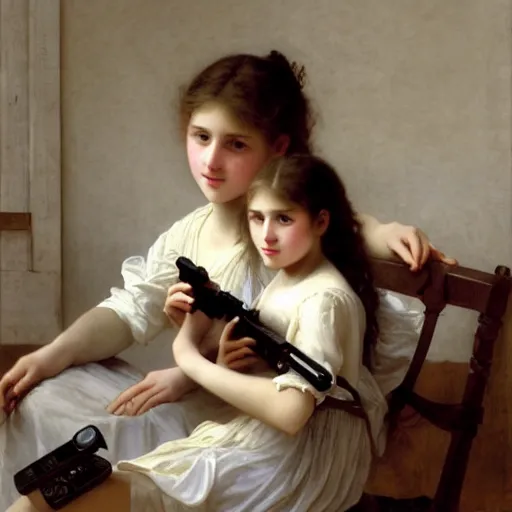 Image similar to Painting of young girl. Playing Xbox. Art by William Adolphe Bouguereau. Extremely detailed. 4K. Award winning.