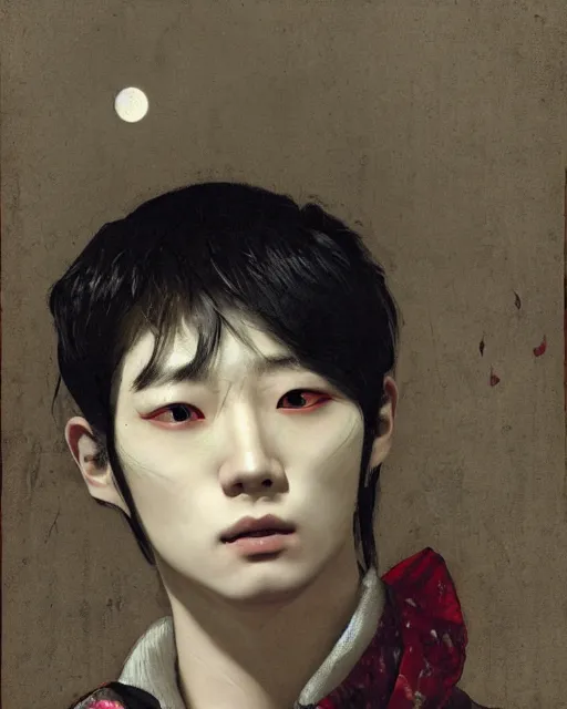 Prompt: a beautiful but creepy young korean man in layers of fear, with haunted eyes, violence in his eyes, wearing a punk outfit, 1 9 7 0 s, seventies, delicate embellishments, a little blood, woodland, moonlight shining on wildflowers, painterly, offset printing technique, by alexandre cabanel