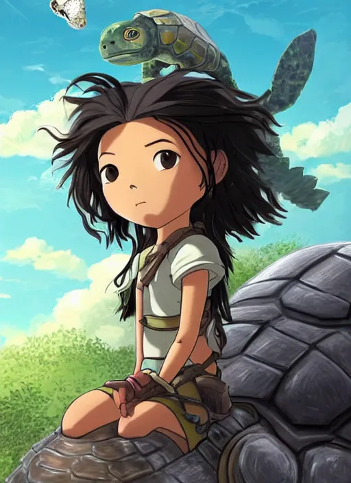 Prompt: portrait of a little warrior girl character sitting on top of a giant armored turtle in the desert, studio ghibli epic character with dark skin and beautiful green eyes. the girl has a very beautiful detailed symmetrical face, long black hair, the turtle has a big smiling face and closed eyes, bright colors, diffuse light, dramatic landscape, fantasy illustration