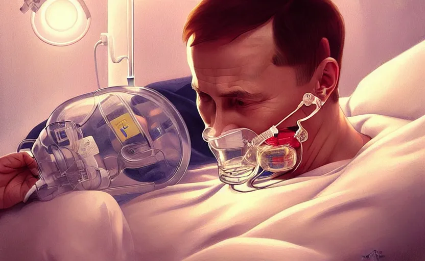 Image similar to Putin suffocates with oxygen mask on a hospital bed, intricate, portrait, highly detailed, digital painting, artstation, concept art, smooth, sharp focus, illustration, cinematic lighting, art by artgerm and greg rutkowski and alphonse mucha