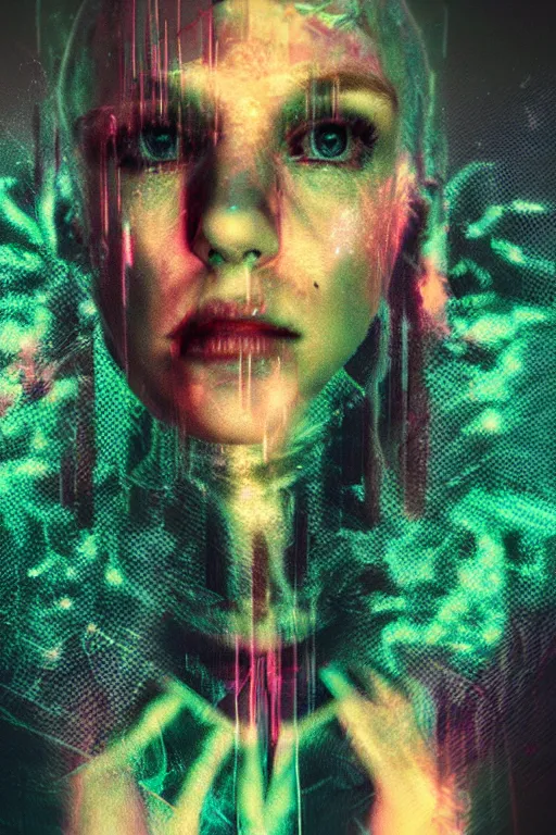 Image similar to creepy unsetting dramatic human portrait, unreal engine, octane render, blender 3D, Photoshop, vaporwave, synthwave, ambient, retro, futurism, pixel sorting, glitch art, abstract art