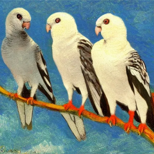 Prompt: four cockatiels sitting on a branch, in the style of monet