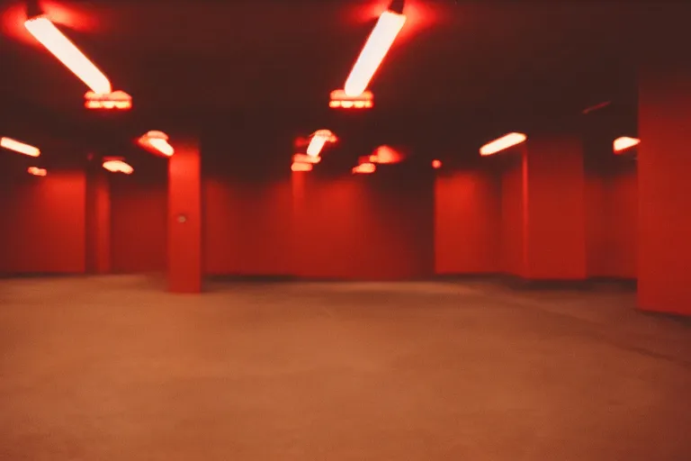 Image similar to film photography of industrial red room interior in golden hour, soft light, no focus