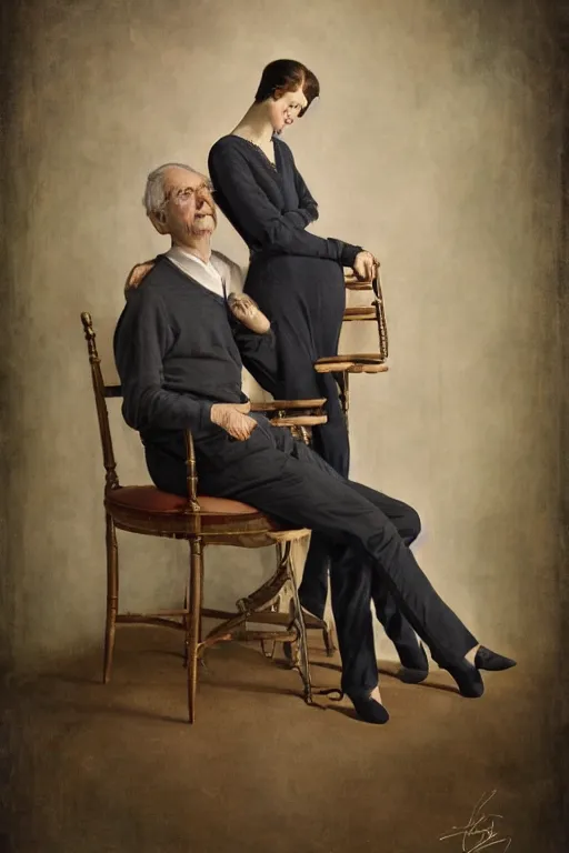 Image similar to a beautiful ultradetailed fine art old vintage couples portrait photo of two people sitting on a chair and standing, by tom bagshaw and zach sutton, couples portrait, vignette, 35mm lens, golden ratio composition, studio photography, very detailed, humanoids, artstation, 8k, highly coherent