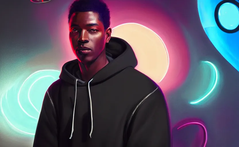 Prompt: portrait of handsome black genius wearing a hoodie in front several curved holographic displays, luxury condo interior, elegant atmosphere, glowing lights, highly detailed, digital painting, artstation, concept art, smooth, sharp focus, illustration, art by wlop, mars ravelo and greg rutkowski