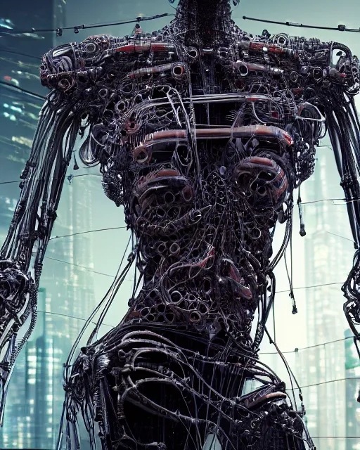 Image similar to portrait photo of a biomechanical torso of an elegant cyborg plugged into a quantum computer with cables and wires and optic fibers. cyberpunk horror style. art by luis royo. highly detailed 8 k. intricate. nikon d 8 5 0 5 5 mm. award winning photography.