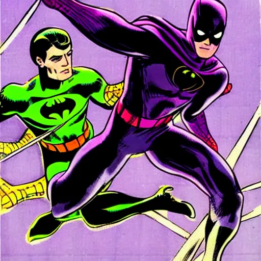 Image similar to a purple spiderman and purple batman by jack kirby