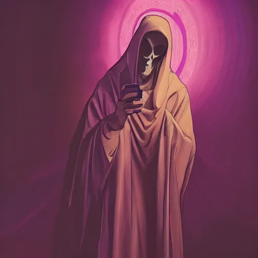 Image similar to dramatic cinematic scene of the Grim Reaper taking a selfie, mucha, colorful, purple, black, highly rendered, beautiful, cyberpunk, very highly detailed, symmetrical, archillect, moody lighting, glowing light and shadow, atmospheric, studio lighting, 8K