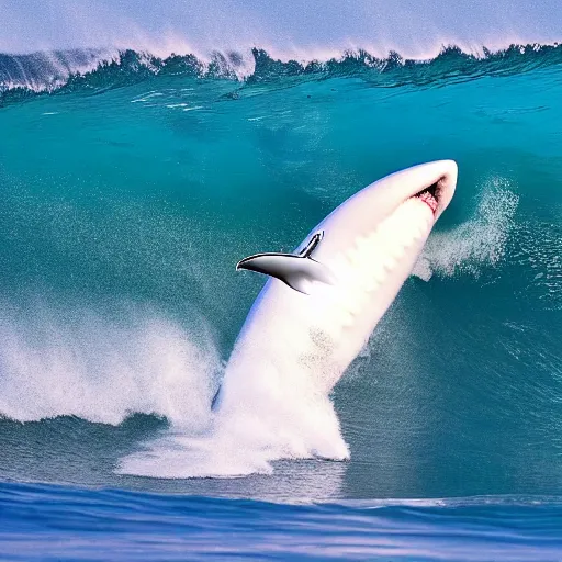 Image similar to kelly slater surfing, surfing in a barrel wave with a great white in the face of the wave under the water, large shark, clear water standing on surfboards, surfing in the face of a tsunami, high detailed colors, bright deep blue