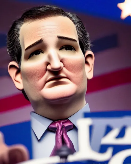Image similar to portrait of ted cruz felt puppet behind a podium in a cpac convention, intricate detail, octane, editorial photo