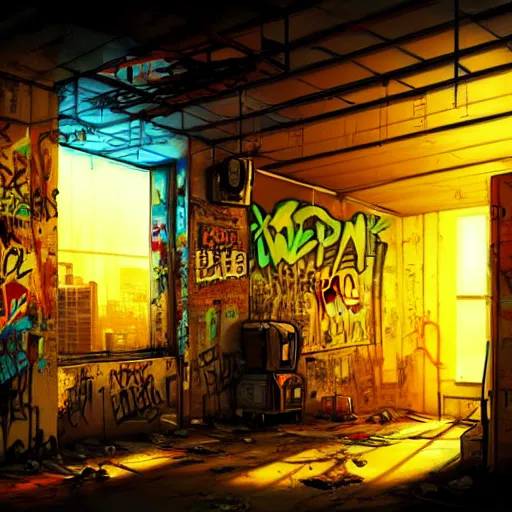 Prompt: graffiti on a wall in a run down building, happy mood, cyberpunk, futuristic, technilogy, high detail, golden light, realistic