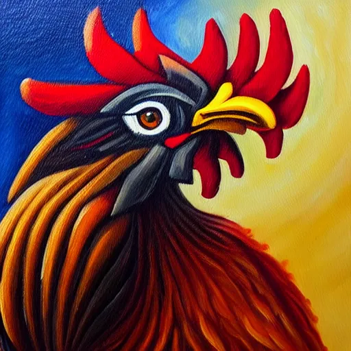 Image similar to oil painting of a rooster riding a motorcycle