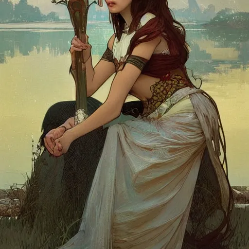 Image similar to A beautiful portrait of A beautiful!!! female knight sitting by the lake by greg rutkowski and alphonse mucha,In style of digital art illustration.Dark Fantasy.WLOP.hyper detailed,smooth, sharp focus,trending on artstation,4k