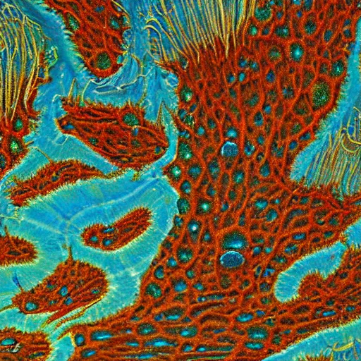 Image similar to beautiful and artistic mycelium on a fantastic planet and unusual inhabitants of the oceans, highly detailed, Pattern with optical illusion