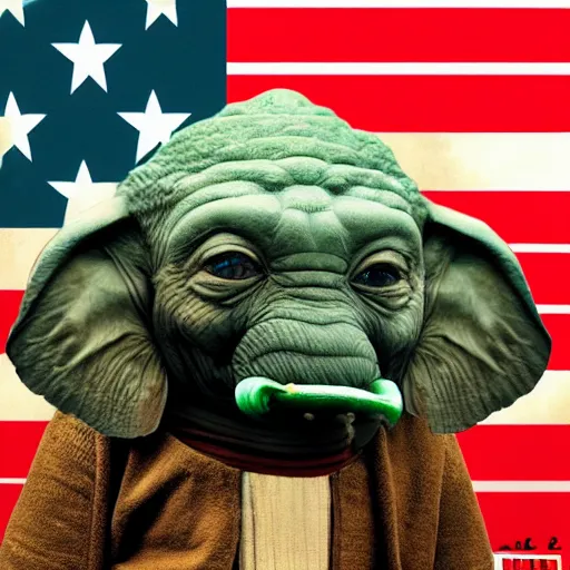 Prompt: elephant yoda as potus american flag, modern art placed in a large living room, art designers magazine hd photo superrealism 3 d 8 k resolution