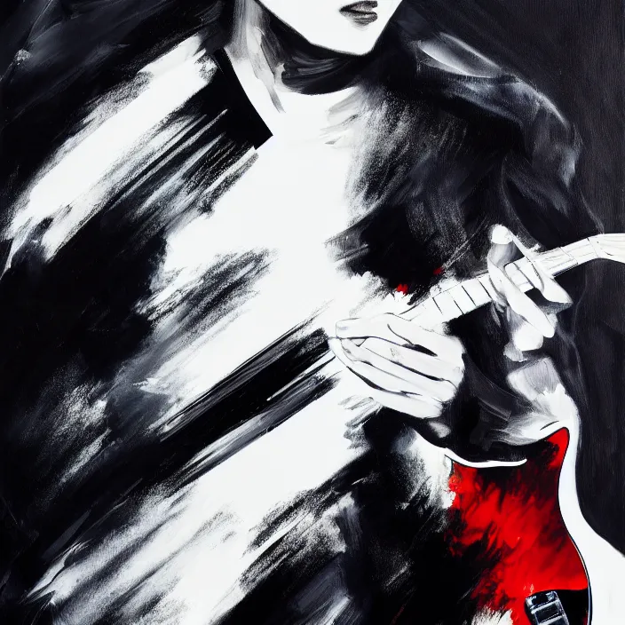 Image similar to large diagonal brush strokes, abstract dark painting of a young korean male musician wearing black tank top holding a telecaster!!! electric guitar!! in a dark room, white background, thick flowing dramatic brush strokes, matte colors, abstract, impressionist, motion, trending on artstation