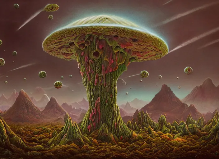 Image similar to a alien world with fungus mountains, cadmium trees, raining krypton, lowbrow, matte painting, 3 - d highly detailed, in the style of mark ryden,