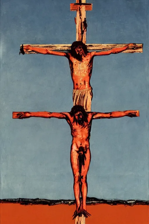 Image similar to bloody christ crucified and huge ufo in the sky painted by cy twombly and andy warhol