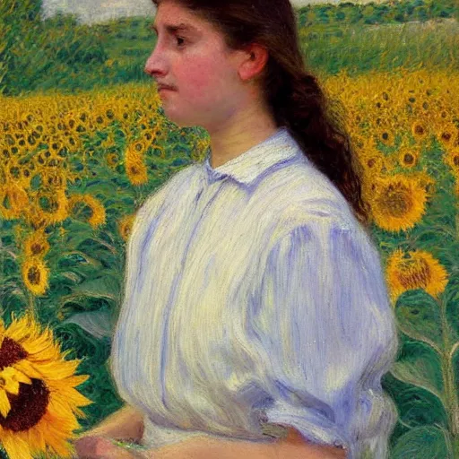 Image similar to a girl in amazing tall sunflower field, her hair flowing down, subtle, intricate details, real masterpiece, impressionist painting, by gustave caillebotte