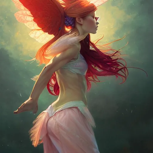 Image similar to beautiful natural fairy small winged redhead martial artist karate fey, vivid colors, intricate, elegant, highly detailed, digital painting, artstation, concept art, smooth, sharp focus, illustration, art by artgerm and greg rutkowski and alphonse mucha and loish and wlop