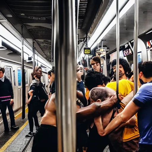 Image similar to people fight in new york city subway, hyper detailed, hd, 8 k,