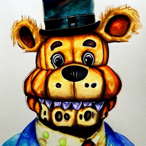 Prompt: water color on paper, freddy fazbear portrait, highly detailed, artstation, masterpiece, award - winning,