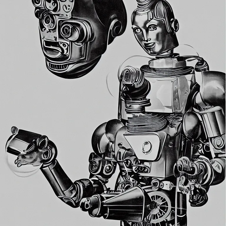 Prompt: 1950s future prediction of an artificial intelligent robot, hyper realistic 1950s advertising illustration, vapour wave, steampunk