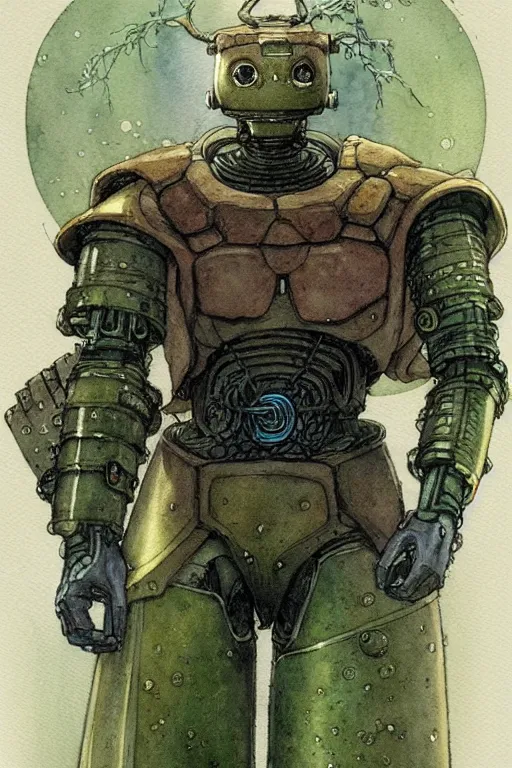 Image similar to a simple and atmospheric watercolour fantasy character concept art portrait of a mechanized android turtle as a druidic warrior wizard looking at the camera with an intelligent gaze, very muted colors, by rebecca guay, michael kaluta, charles vess and jean moebius giraud