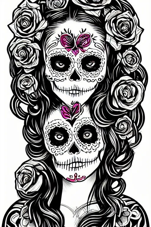 Prompt: illustration of a sugar skull day of the dead girl, art by jerry collins