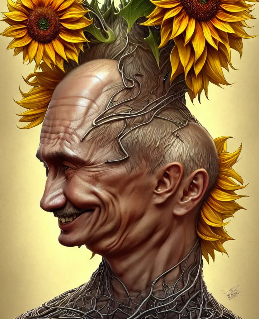 Image similar to digital art, centered full body of Putin smiling king, Sunflower crown, ,intricate, veins, by James Jean and by artgerm , by ross tran ultradetailed, charachter design, concept art, trending on artstation,