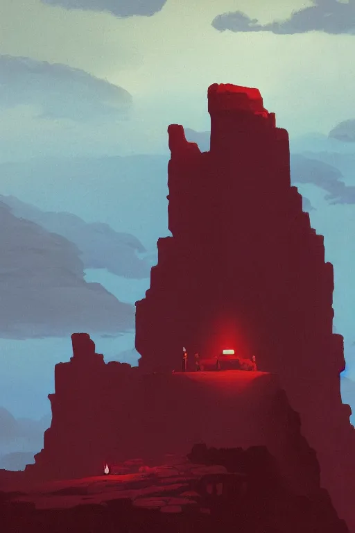 Image similar to ancient red glowing temple on a rocky cliff in a canyon, shooting stars in the black sky, dramatic lighting, artstation, matte painting, ralph mcquarrie, simon stalenhag