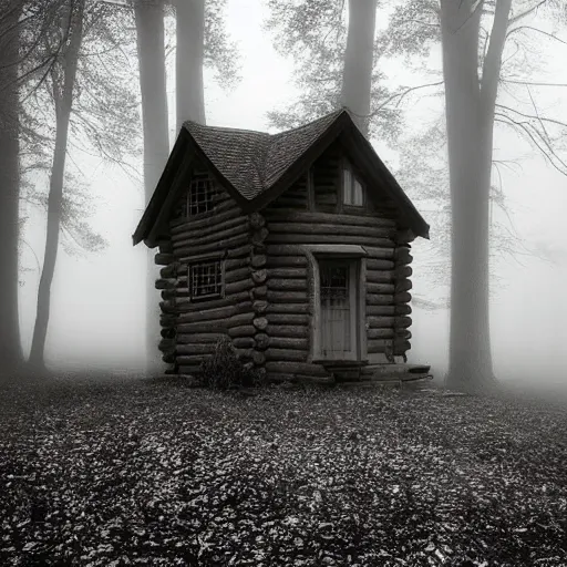 Prompt: mysterious cabin in the woods, dark, fog, by bagshaw, tom