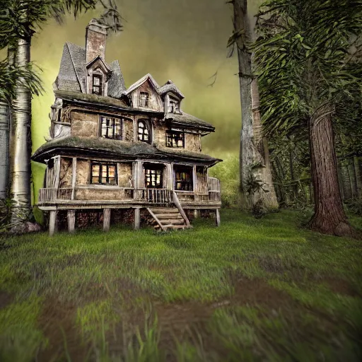 Prompt: photorealistic, fine details, haunted house in the woods