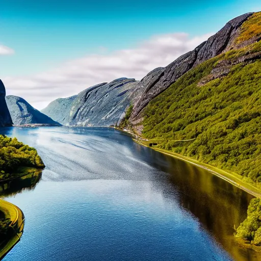 Image similar to A photo of a fjord in Norway. The sky is completely clear of clouds. Hyper realistic, 8k.