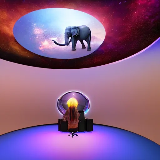 Image similar to a hyperrealistic 3D octane render of an elephant wearing an oculus rift and playing a keyboard inside of a dome planetarium with planets and galaxies, 8k, unreal engine, dramatic lighting, volumetric lighting, uplighting, ray tracing, photorealistic,